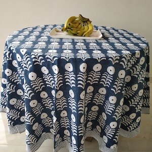 Marigold Round Print Tablecloth, Indian Block Print Round Table Cover, Indigo Blue Round Table Linen, Dinning Tablecloth, Party Table Cover