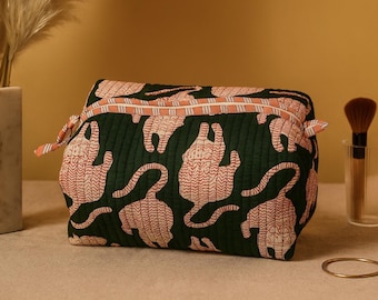 Dark Green Tiger Print Travel Makeup Bag Set – Handmade Quilted Cosmetic Pouch, Toiletry Organizer, Zipper Pouch for Women, Gift for Her