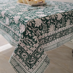 Indian Green Floral Hand Block Print Cotton Table Cover Rectangle Table Cloth, Handmade  French Tablecloth Gift Christmas