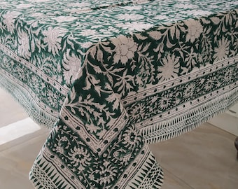 Indian Green Floral Hand Block Print Cotton Table Cover Rectangle Table Cloth, Handmade  French Tablecloth Gift Christmas