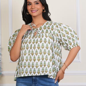Handmade Block Print Cotton Top for Women – Boho Floral Blouse with Puff Sleeves, Ethically Made Summer Shirt,  Casual Sustainable Fashion