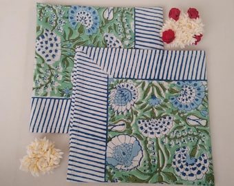 Beautiful Green & Blue Floral Print Hand Block Printed 100% Cotton Cloth Napkins Size 20x20INCH" Set of 4,6,12,24,48 Handmade Wedding Gifts