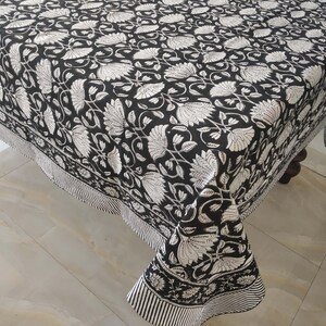 Vintage Black Block Print, Rectangular Table Cover, Dinning Tablecloth Cover, Cotton Table Cloth, Floral Table Cover image 5