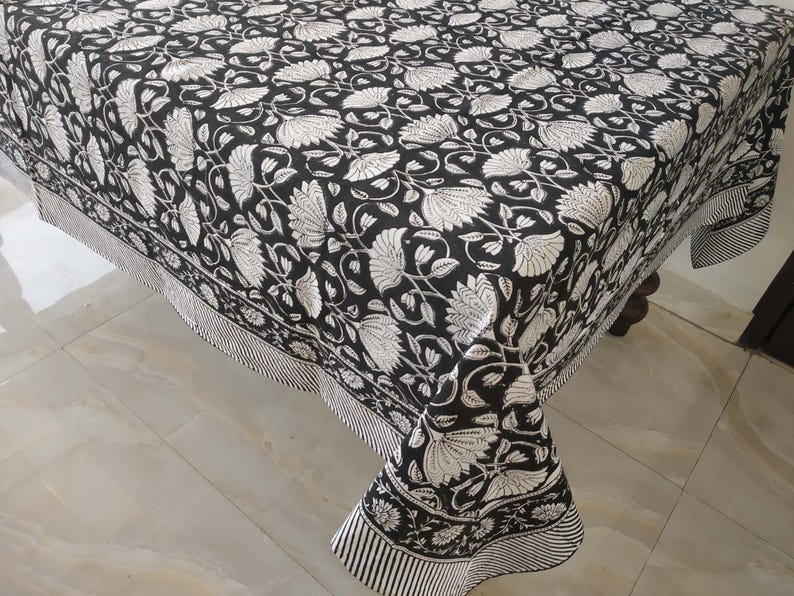 Vintage Black Block Print, Rectangular Table Cover, Dinning Tablecloth Cover, Cotton Table Cloth, Floral Table Cover image 5