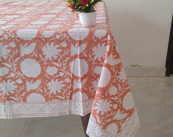 Beautiful Orange Floral Print Hand Block Printed Cotton Tablecloth, Dining Table Cover Farmhouse Party Wedding Gift Set For Her
