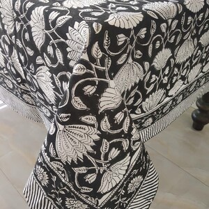 Vintage Black Block Print, Rectangular Table Cover, Dinning Tablecloth Cover, Cotton Table Cloth, Floral Table Cover image 3