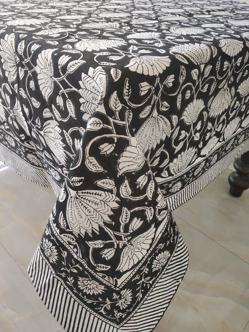 Vintage Black Block Print, Rectangular Table Cover, Dinning Tablecloth Cover, Cotton Table Cloth, Floral Table Cover image 3