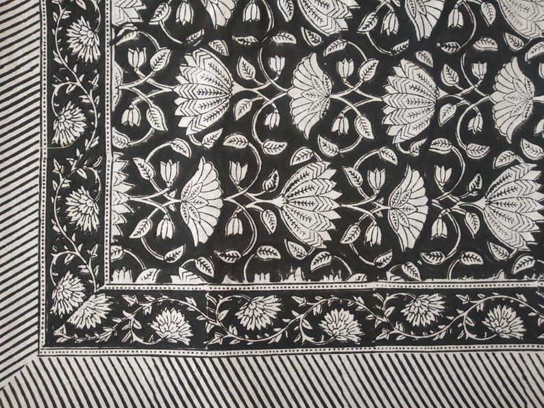 Vintage Black Block Print, Rectangular Table Cover, Dinning Tablecloth Cover, Cotton Table Cloth, Floral Table Cover image 2