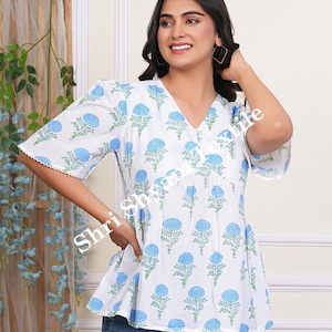 Sky Blue Handmade Organic Cotton Block Print Top  Boho Indian Ethnic Blouse for Women Floral Tunic Shirt Soft Eco-Friendly Festival Wear