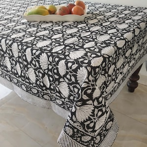 Vintage Black Block Print, Rectangular Table Cover, Dinning Tablecloth Cover, Cotton Table Cloth, Floral Table Cover