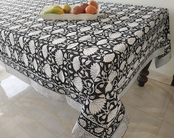 Vintage Black Block Print, Rectangular Table Cover, Dinning Tablecloth Cover, Cotton Table Cloth, Floral Table Cover