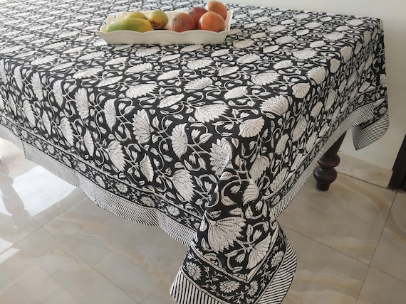 Vintage Black Block Print, Rectangular Table Cover, Dinning Tablecloth Cover, Cotton Table Cloth, Floral Table Cover