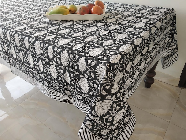 Vintage Black Block Print, Rectangular Table Cover, Dinning Tablecloth Cover, Cotton Table Cloth, Floral Table Cover image 1