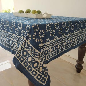 Beautiful Indigo Tie Dye Hand Block Printed Cotton Tablecloth, Rectangle Dining Table Cover Farmhouse Party  Housewarming Gift For Her