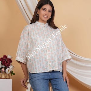 Elegant Hand block Floral Cotton Shirt Breezy Summer Top with Pastel Charm for Everyday Comfort