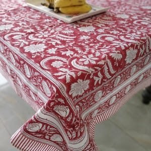 Red Christmas Floral Print Hand Block Printed Cotton Tablecloth, Dining Table Cover Farmhouse Party Wedding Gift Set For Her