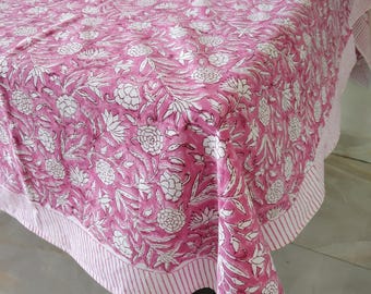 Christmas Pink Hand Block Print Cotton Table Cover Linens, Cotton Rectangular Tablecloth, 6 Seater Table Cover, Dinning tablecloth for Gift