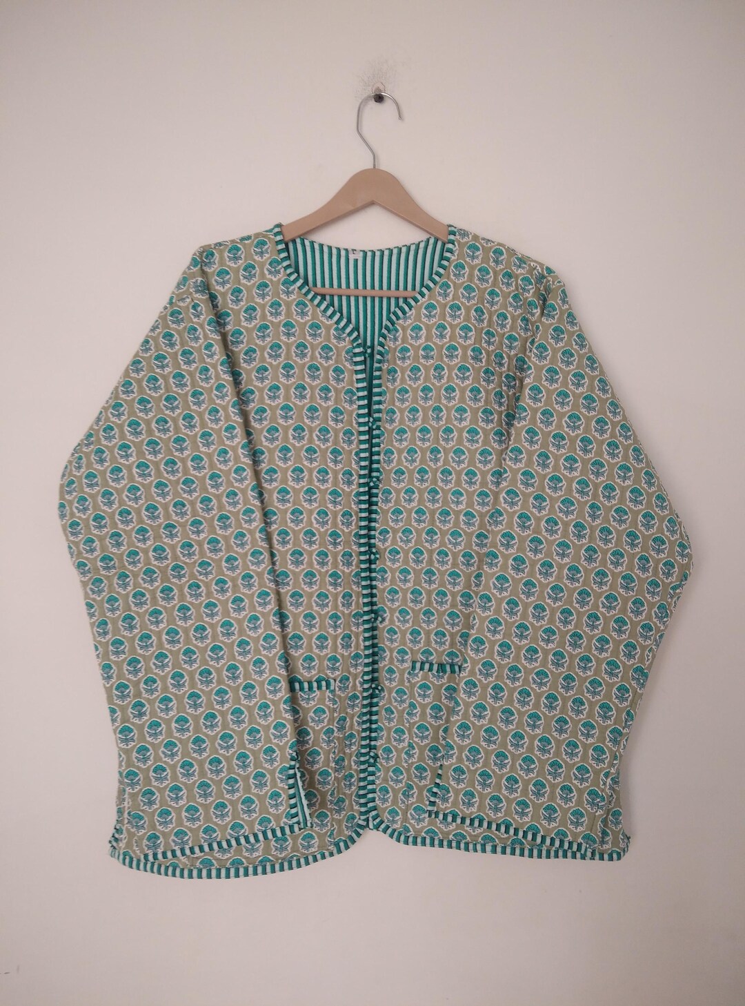 Indian Hand Block Print Fabric Quilted Jacket, Short Reversible