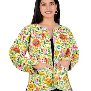Indian Hand Block Print Quilted Jacket, Ladies Short Quilted Reversible Jacket,  Flower Summer Quilted Jacket , Reversible Quilted Jacket