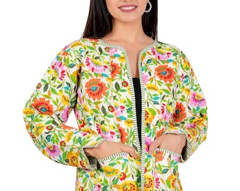 Indian Hand Block Print Quilted Jacket, Ladies Short Quilted Reversible Jacket,  Flower Summer Quilted Jacket , Reversible Quilted Jacket
