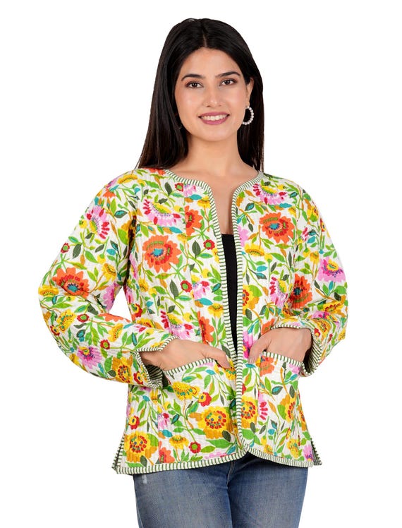 Indian Hand Block Print Quilted Jacket, Ladies Short Quilted