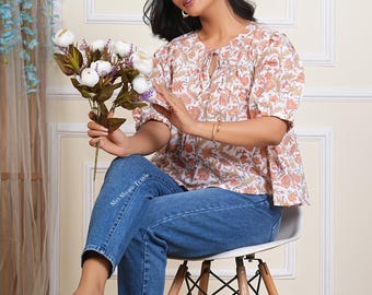 Handmade Floral Cotton Blouse for Women  Indian Block Print Boho Top  Puff Sleeve Summer Peasant Style Blouse – Indie Casual Outfit