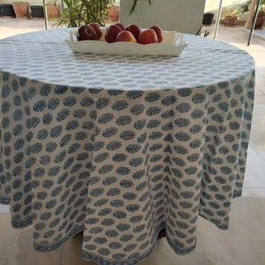 Christmas Tablecloth Round, Cotton Indian Block Printed Round Table cover, 84&quot; Inch Blue Floral Round Tablecloth, Round Table Cloth