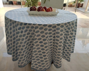 Christmas Tablecloth Round, Cotton Indian Block Printed Round Table cover, 84" Inch Blue Floral Round Tablecloth, Round Table Cloth