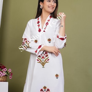 New Beautiful White Cotton Kurti for Women with Intricate Floral Embroidery - Stylish Ethnic Wear with Vibrant Red Threadwork Festive Wear