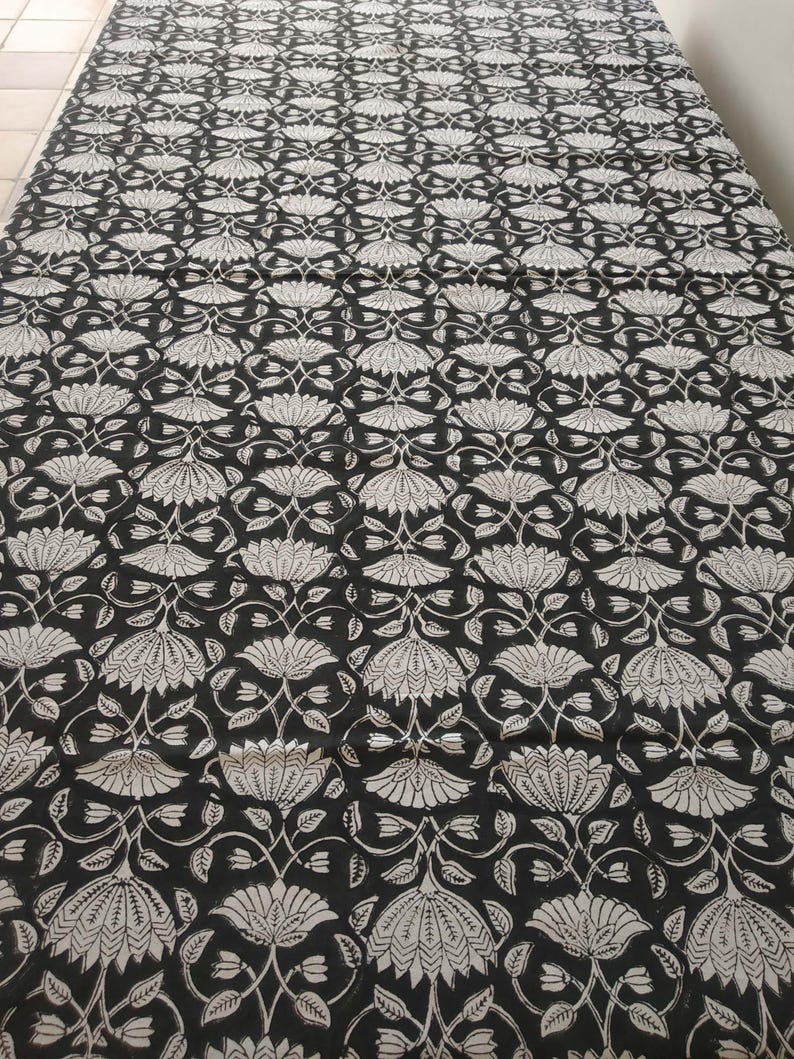Vintage Black Block Print, Rectangular Table Cover, Dinning Tablecloth Cover, Cotton Table Cloth, Floral Table Cover image 6