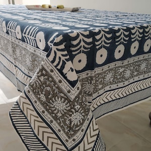 Blue Floral Print Hand Block Printed Cotton Tablecloth, Dining Table Cover Farmhouse Party Wedding Gift Set For Her