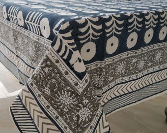 Blue Floral Print Hand Block Printed Cotton Tablecloth, Dining Table Cover Farmhouse Party Wedding Gift Set For Her