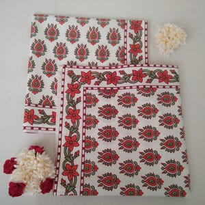 White & Red Floral Print Hand Block Printed 100% Cotton Cloth Napkins Size 18x18&quot; Set of 4,6,12,24,48 Handmade Wedding Gifts