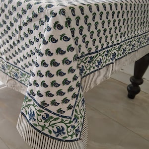 Blue Indian Floral Block Print tablecloth, Cotton Table Cover Linens 6 Seater Kitchen Dining Table cloth, Indian Hand Block Print Tablecloth