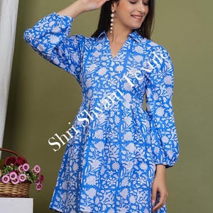 Floral Blue Mini Dress Boho Cotton Short Dress With Balloon Sleeves Summer A Line Dress Handmade Indian Block Print Dress Gift for Her