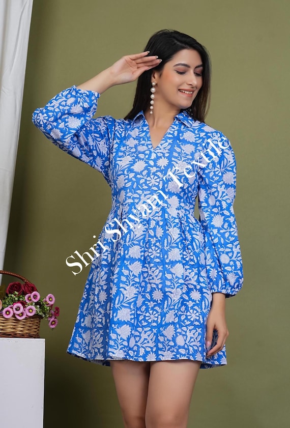 Floral Blue Mini Dress Boho Cotton Short Dress With Balloon Sleeves Summer A Line Dress Handmade Indian Block Print Dress Gift for Her