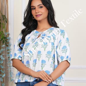 Blue Floral Cotton Blouse for Women – Hand Block Print Boho Top – Summer Peasant Style Puff Sleeve Shirt – Lightweight Indian Handmade Tunic