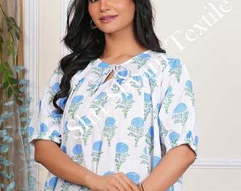 Blue Block Print Cotton Tunic Top – Boho Short Sleeve Indian Kurti