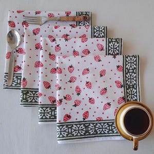 Red & Black Strawberry Print Napkin Set Of 4 Indian Hand Block Printed Napkins, Cotton Cloth Napkins, Dinner Napkin Housewarming Gift