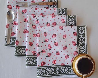 Red & Black Strawberry Print Napkin Set Of 4 Indian Hand Block Printed Napkins, Cotton Cloth Napkins, Dinner Napkin Housewarming Gift