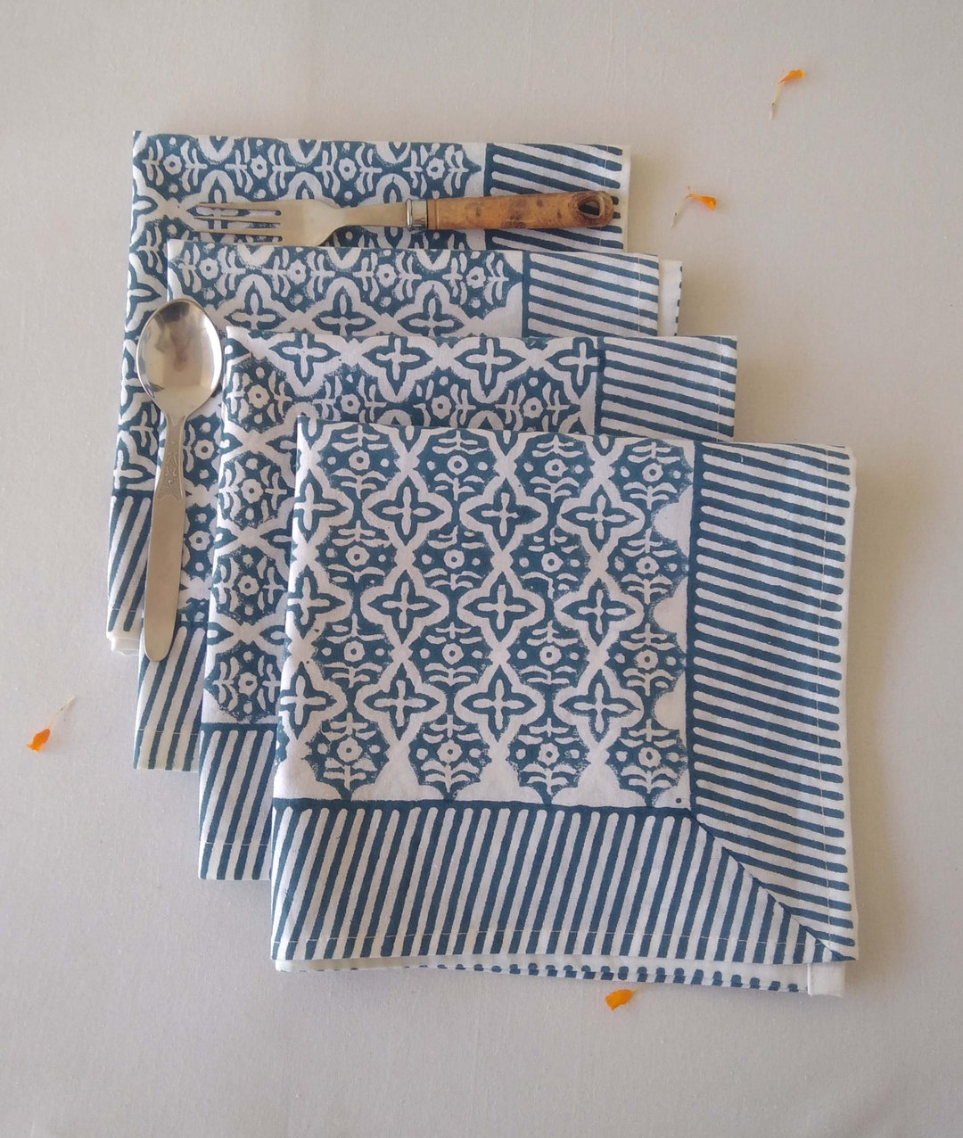 Blue - Floral Block Print Cotton Table Napkin 08 main image 1