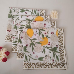 Yellow & Green Mango Print Hand Block Printed 100% Cotton Cloth Napkins Size 18x18&quot; Set of 4,6,12,24,48 Handmade Wedding Gifts