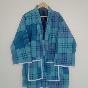 Indigo kantha quilted short kimono Jacket,  women wear cotton coat festival fashion hand made cotton fabric Kantha jacket for Christmas gift