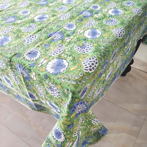 Green  Cotton Table Cover, Table Cloth Block Printed , Indian Tablecloth, Rectangle hand block Table Cover Tablecloth Cotton, Block Print