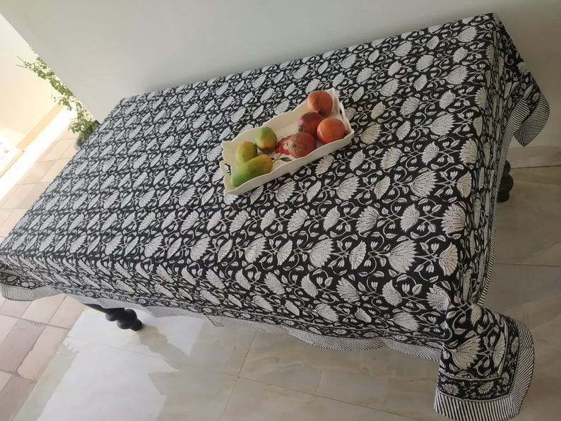 Vintage Black Block Print, Rectangular Table Cover, Dinning Tablecloth Cover, Cotton Table Cloth, Floral Table Cover image 4