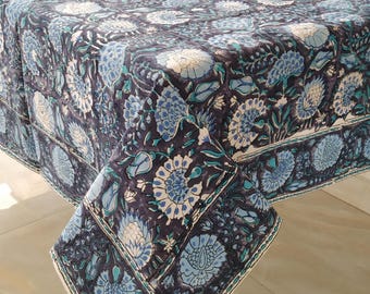 Indian Block Print tablecloth, Floral Cotton Table Cover, Blue Christmas Cotton Tablecloth, Rectangle Table Cloth, Handmade Table cover