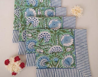 Beautiful Green Floral Print Hand Block Printed 100% Cotton Cloth Napkins Size 18x18" Set of 4,6,12,24,48 Handmade Wedding Gifts