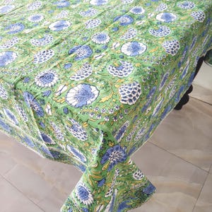 Beautiful Garden Green Floral  Block Print Tablecloth, Cotton Tablecloth, Dinning Table Cover, 6-10 Seated Tablecloth for Christmas Gift