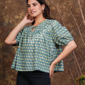 Hand block Printed Cotton Top for Women Floral Boho Blouse  Puff Sleeve Indian Tunic  Summer Casual Ethnic Wear Handmade Loose Fit Kurti