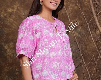 Pink Floral Cotton Top for Women Hand Block Printed Peasant Blouse Puff Sleeve Summer Shirt Loose Fit Indian Tunic  Boho Handmade Clothing
